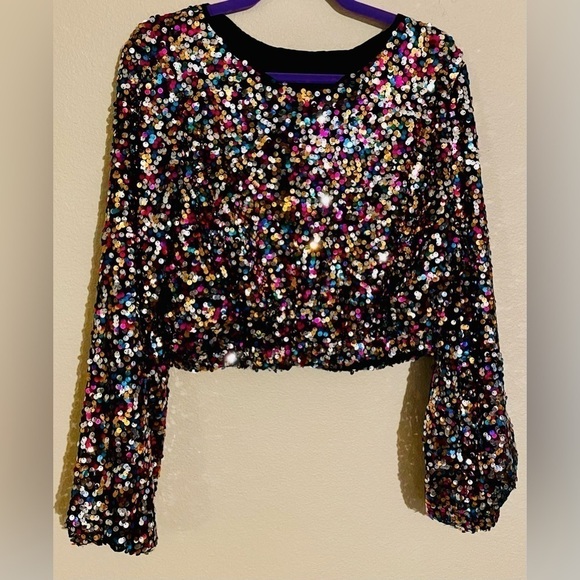FULLY SEQUINED RAINBOW COLORED Cropped Blouse Sz XL Retro 70s Inspired Disco - Picture 3 of 10